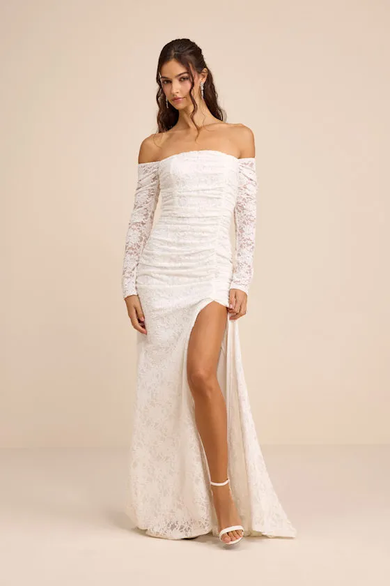 Jolena White Lace Off-the-Shoulder Ruched Maxi Dress sold by Lulus
