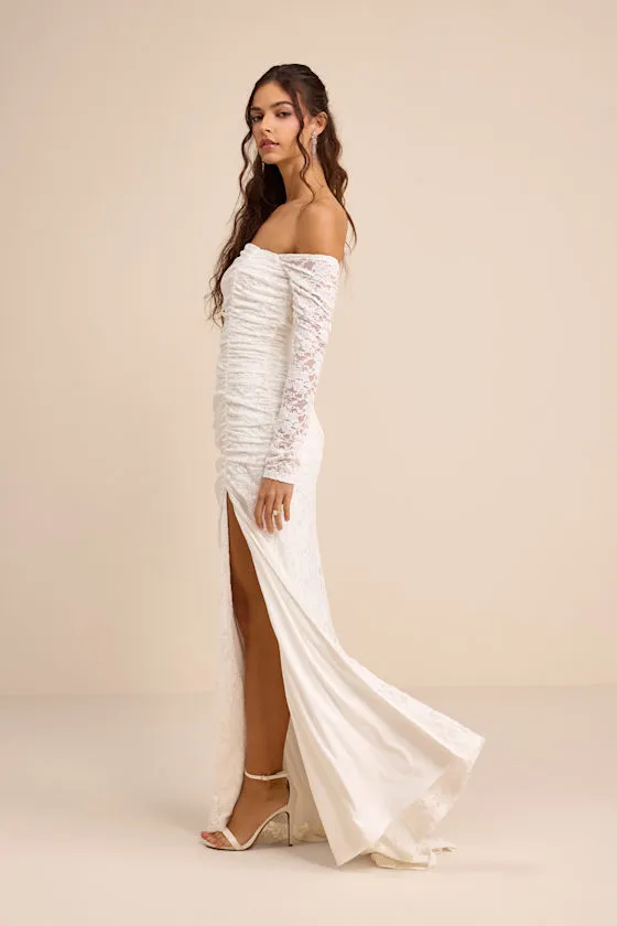 Jolena White Lace Off-the-Shoulder Ruched Maxi Dress sold by Lulus product image thumbnail 4