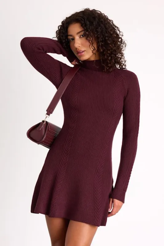 Selene Burgundy Ribbed Mock Neck Sweater Mini Dress sold by Lulus