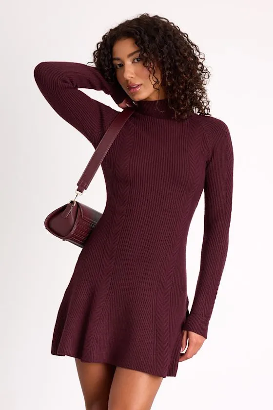 Selene Burgundy Ribbed Mock Neck Sweater Mini Dress sold by Lulus