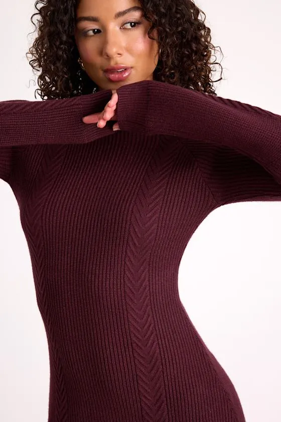 Selene Burgundy Ribbed Mock Neck Sweater Mini Dress sold by Lulus product image thumbnail 2