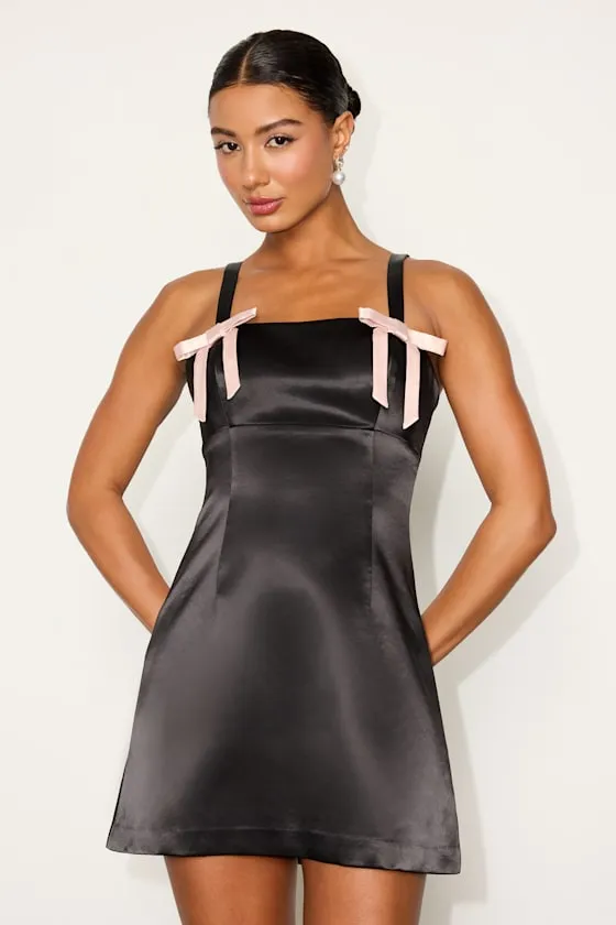 Yesemia Black Satin Bow Skater Mini Dress sold by Lulus product image thumbnail 2