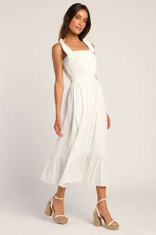 Flirting in Florence White Striped Tie-Strap Midi Dress sold by Lulus