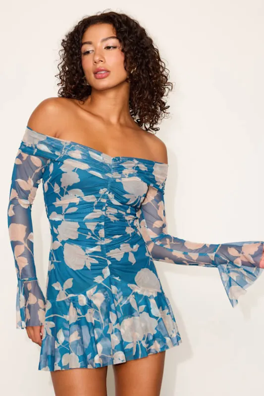 Milith Teal Blue Floral Mesh Off-the-Shoulder Mini Dress sold by Lulus