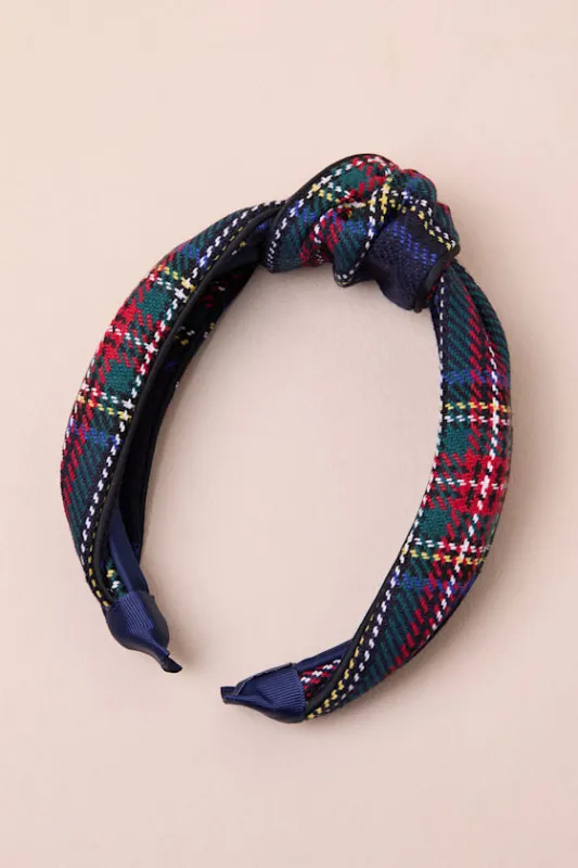 Tartan Navy Multi Plaid Knotted Headband sold by Lulus