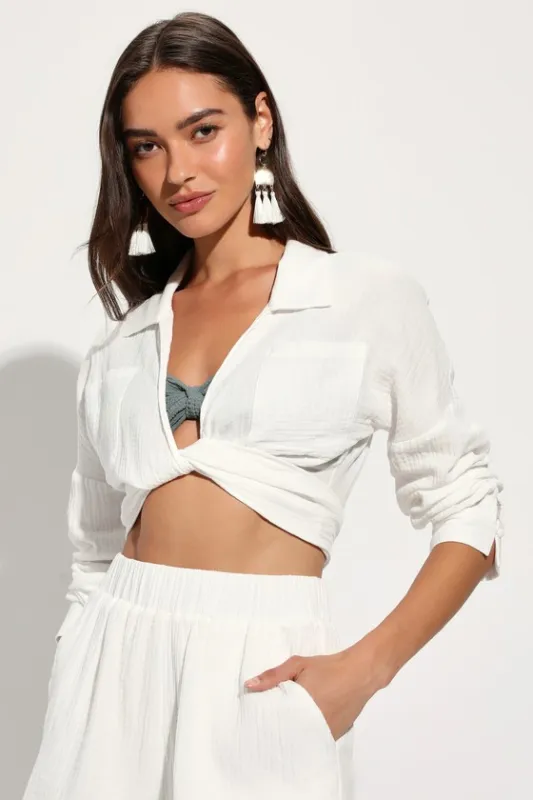Effortless Summer White Long Sleeve Tie-Front Swim Cover-Up Top sold by Lulus