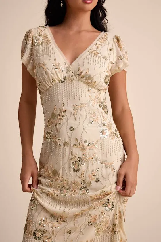 Angelila Beige Sequin Beaded Short Sleeve Midi Dress sold by Lulus product image thumbnail 2
