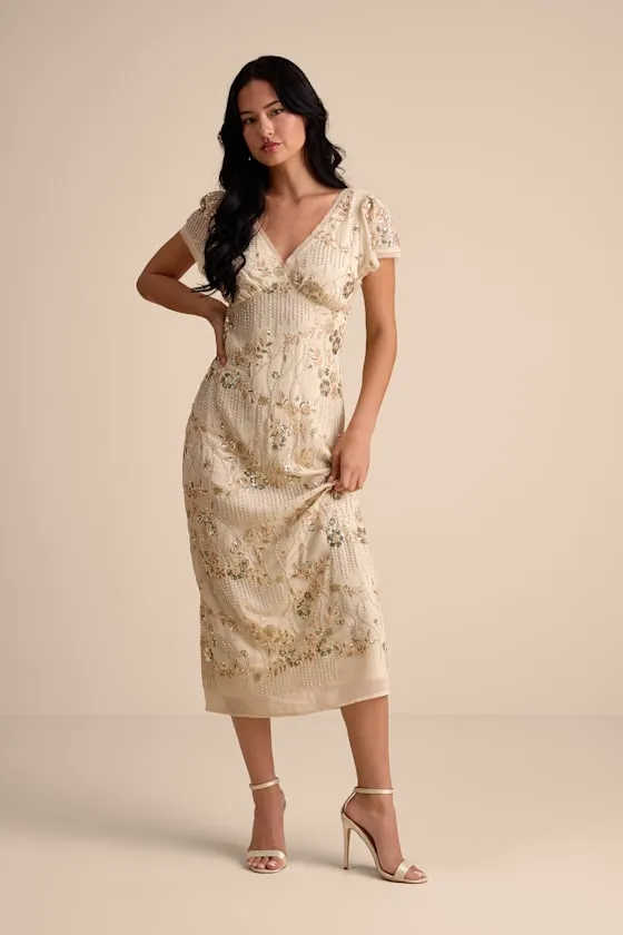 Angelila Beige Sequin Beaded Short Sleeve Midi Dress sold by Lulus product image thumbnail 3
