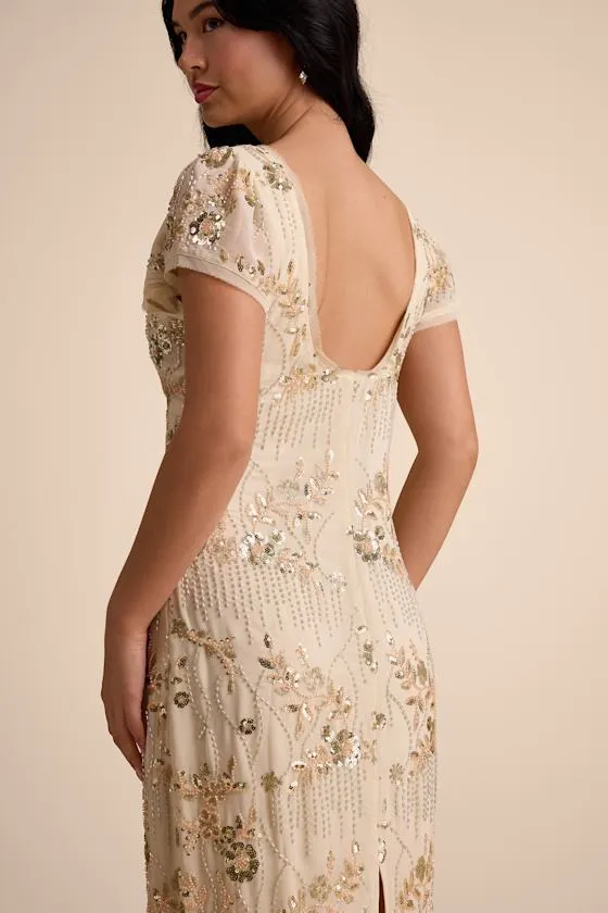 Angelila Beige Sequin Beaded Short Sleeve Midi Dress sold by Lulus product image thumbnail 4