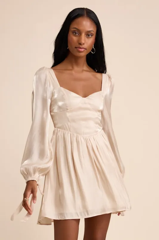 Lirenda Shiny Champagne Balloon Sleeve Tie-Back Mini Dress sold by Lulus