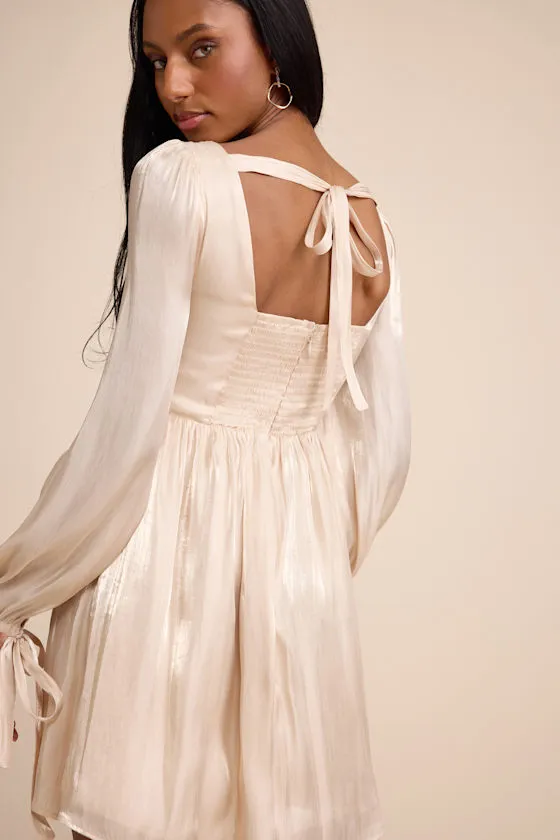 Lirenda Shiny Champagne Balloon Sleeve Tie-Back Mini Dress sold by Lulus product image thumbnail 2
