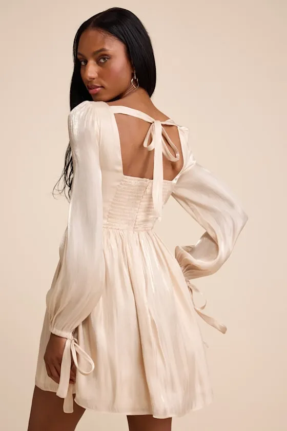 Lirenda Shiny Champagne Balloon Sleeve Tie-Back Mini Dress sold by Lulus product image thumbnail 4