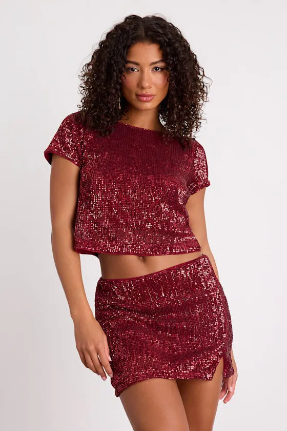 Isotta Burgundy Sequin Short Sleeve Crop Top sold by Lulus