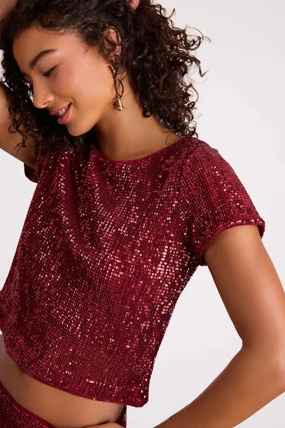 Isotta Burgundy Sequin Short Sleeve Crop Top sold by Lulus product image thumbnail 2