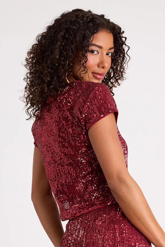 Isotta Burgundy Sequin Short Sleeve Crop Top sold by Lulus product image thumbnail 3