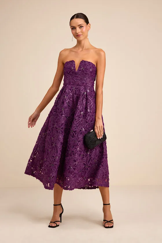 Ryla Purple Textured Sequin Strapless Midi Dress sold by Lulus