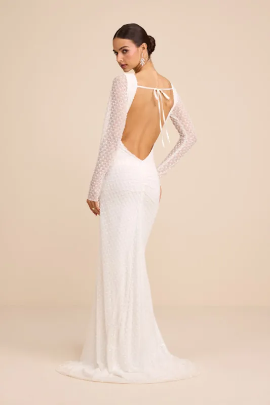 Mariani White Sequin Beaded Backless Long Sleeve Maxi Dress sold by Lulus