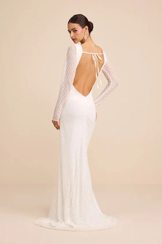 Mariani White Sequin Beaded Backless Long Sleeve Maxi Dress sold by Lulus