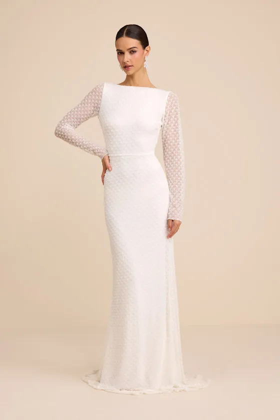 Mariani White Sequin Beaded Backless Long Sleeve Maxi Dress sold by Lulus product image thumbnail 2