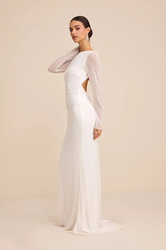Mariani White Sequin Beaded Backless Long Sleeve Maxi Dress sold by Lulus product image thumbnail 4