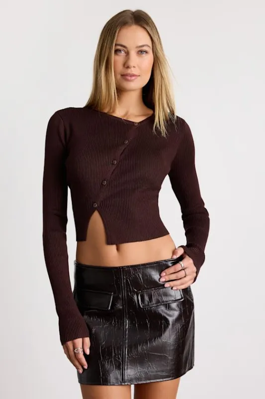 Paxlynn Dark Brown Ribbed Asymmetrical Cardigan Top sold by Lulus