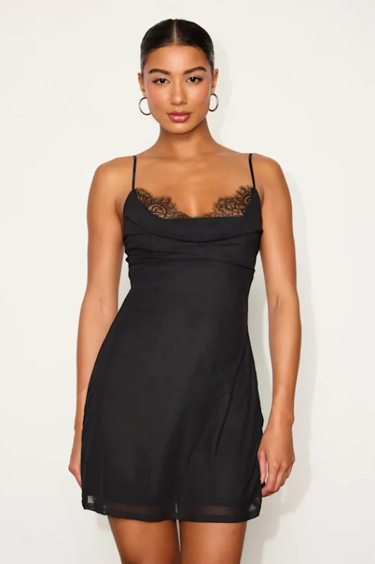 Maddox Black Mesh Lace Cowl Neck Mini Dress sold by Lulus