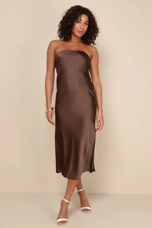 Effortless Bliss Dark Brown Satin Strapless Cowl Back Midi Dress sold by Lulus