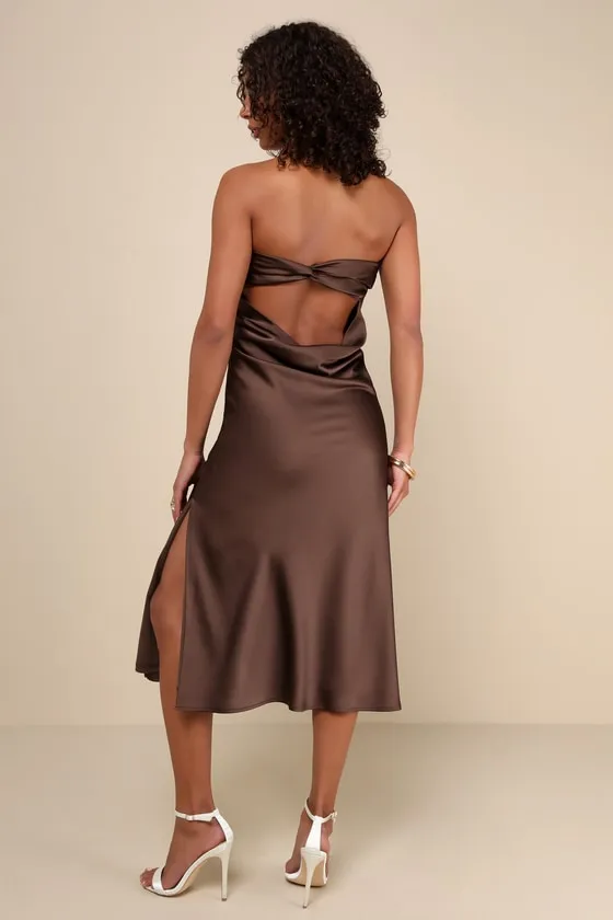 Effortless Bliss Dark Brown Satin Strapless Cowl Back Midi Dress sold by Lulus product image thumbnail 3