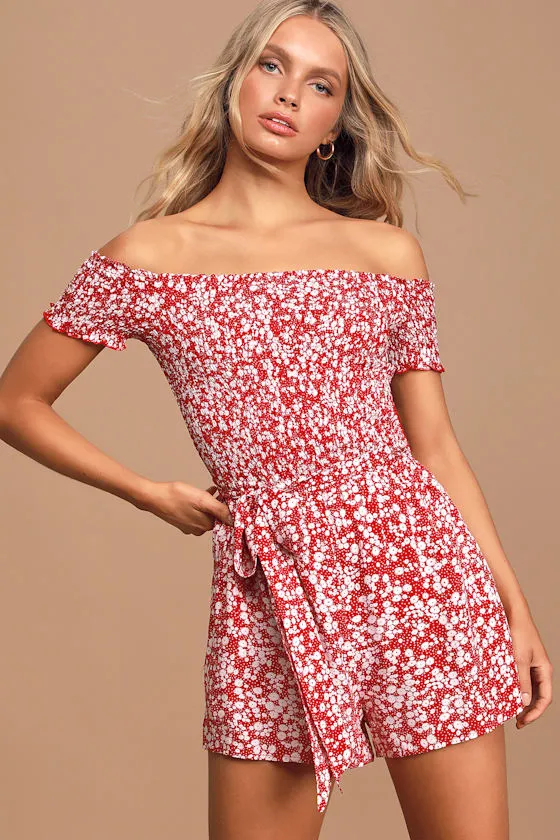 Charming Look Red Floral Print Smocked Off-the-Shoulder Romper sold by Lulus product image thumbnail 3