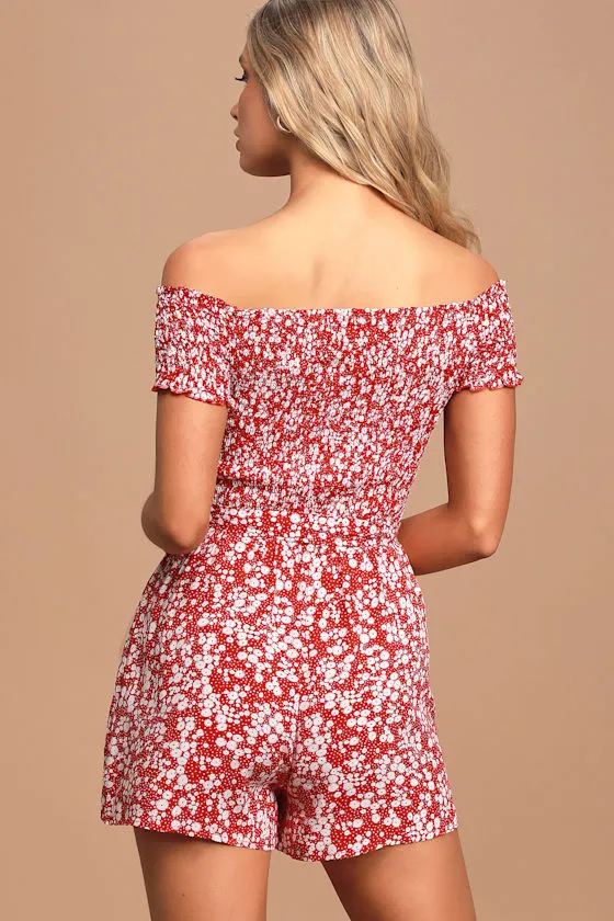 Charming Look Red Floral Print Smocked Off-the-Shoulder Romper sold by Lulus product image thumbnail 4
