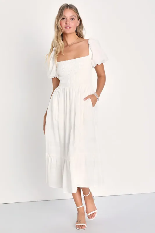 Budding Charm White Smocked Puff Sleeve Midi Dress With Pockets sold by Lulus