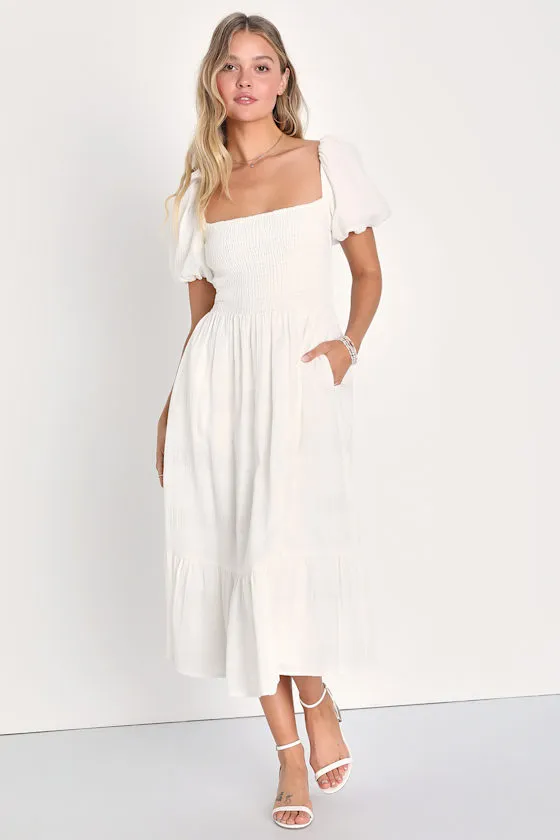 Budding Charm White Smocked Puff Sleeve Midi Dress With Pockets sold by Lulus