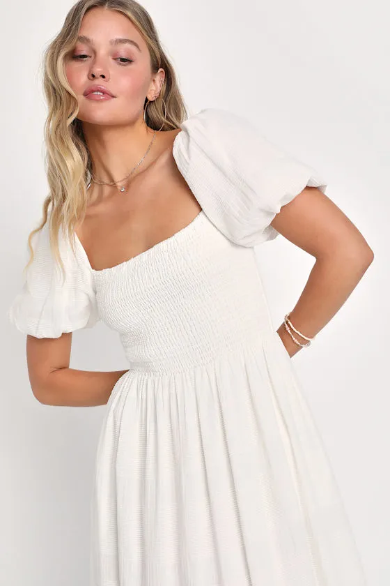 Budding Charm White Smocked Puff Sleeve Midi Dress With Pockets sold by Lulus product image thumbnail 2