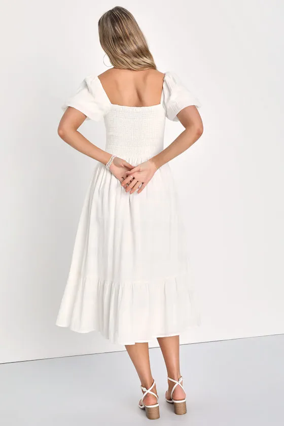 Budding Charm White Smocked Puff Sleeve Midi Dress With Pockets sold by Lulus product image thumbnail 4