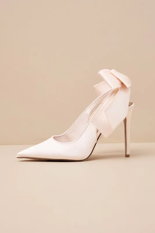 Teacup Ivory Satin Bow Slingback Pumps sold by Lulus