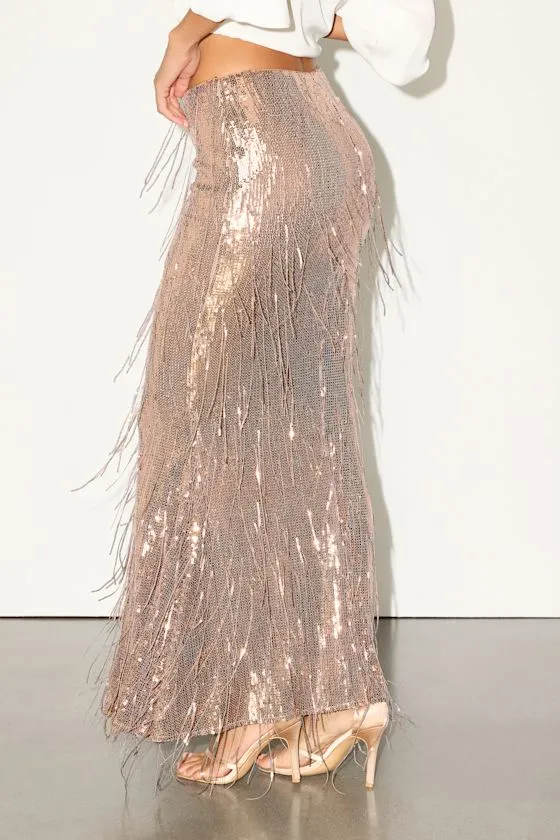 Audrina Rose Gold Sequin Fringe Mid-Rise Maxi Skirt sold by Lulus product image thumbnail 3