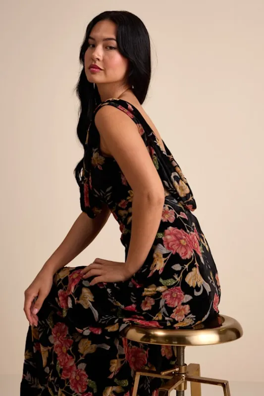 Prim Black Multi Floral Burnout Velvet Cowl Back Maxi Dress sold by Lulus