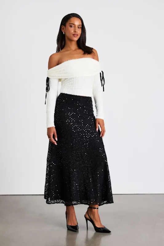 Isabelle Black Lace Sequin High-Rise Maxi Skirt sold by Lulus