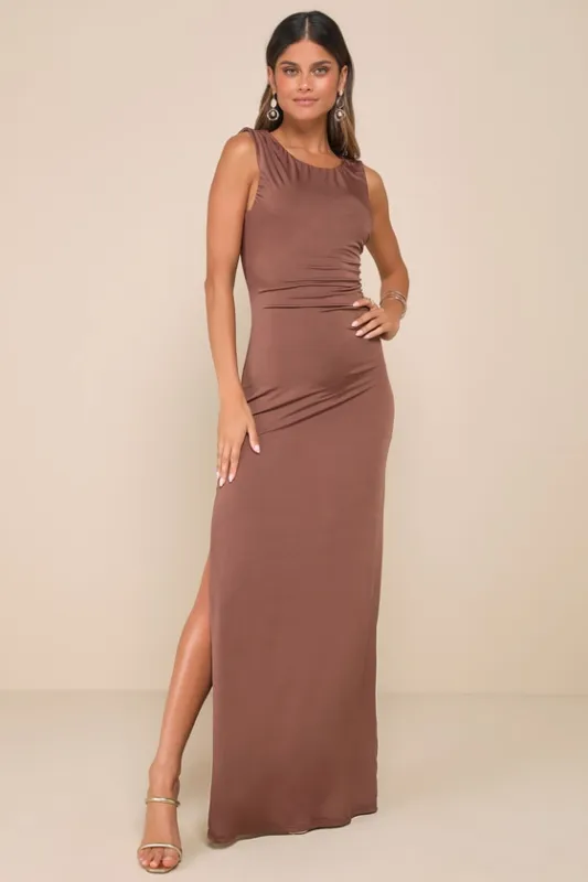 Significant Allure Brown Slinky Knit Ruched Maxi Dress sold by Lulus