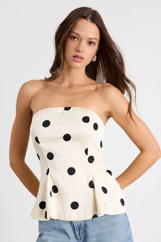 Huttley Ivory Polka Dot Strapless Peplum Top sold by Lulus