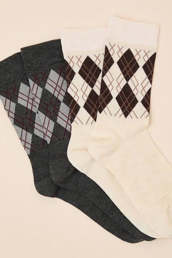 Argyle Beige and Dark Grey Two-Piece Crew Sock Set sold by Lulus