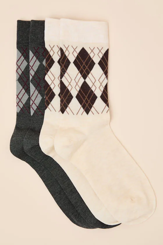 Argyle Beige and Dark Grey Two-Piece Crew Sock Set sold by Lulus product image thumbnail 2
