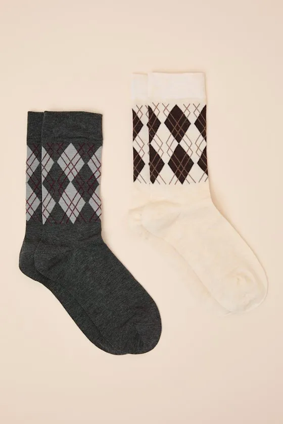 Argyle Beige and Dark Grey Two-Piece Crew Sock Set sold by Lulus product image thumbnail 3