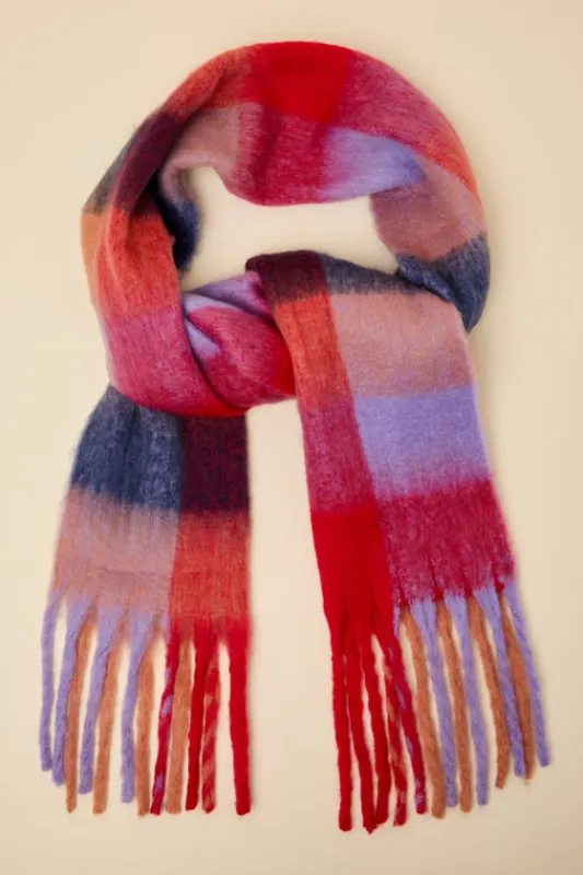 Fayden Berry Red Multi Plaid Oversized Fringe Scarf sold by Lulus