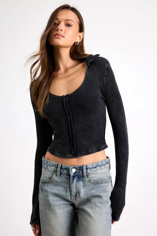 Kinslee Washed Black Ribbed Seamed Long Sleeve Top sold by Lulus