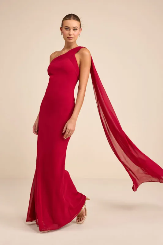 Carmenza Red One-Shoulder Sash Maxi Dress sold by Lulus