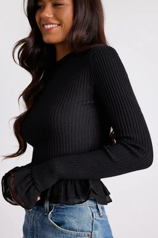 Avila Black Ribbed Knit Ruffled Sweater Top sold by Lulus