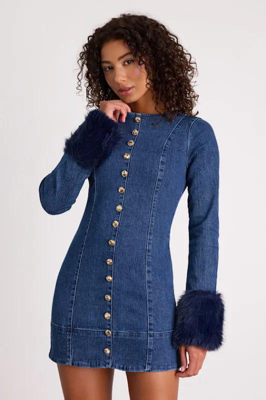 Rockefeller Medium Wash Denim Faux Fur Mini Dress sold by Lulus