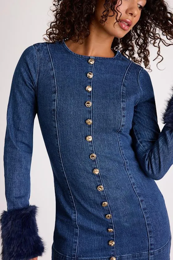 Rockefeller Medium Wash Denim Faux Fur Mini Dress sold by Lulus product image thumbnail 2