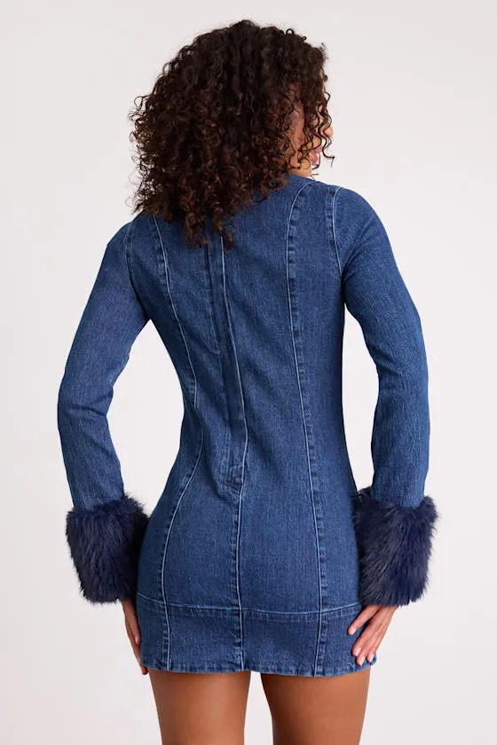 Rockefeller Medium Wash Denim Faux Fur Mini Dress sold by Lulus product image thumbnail 3